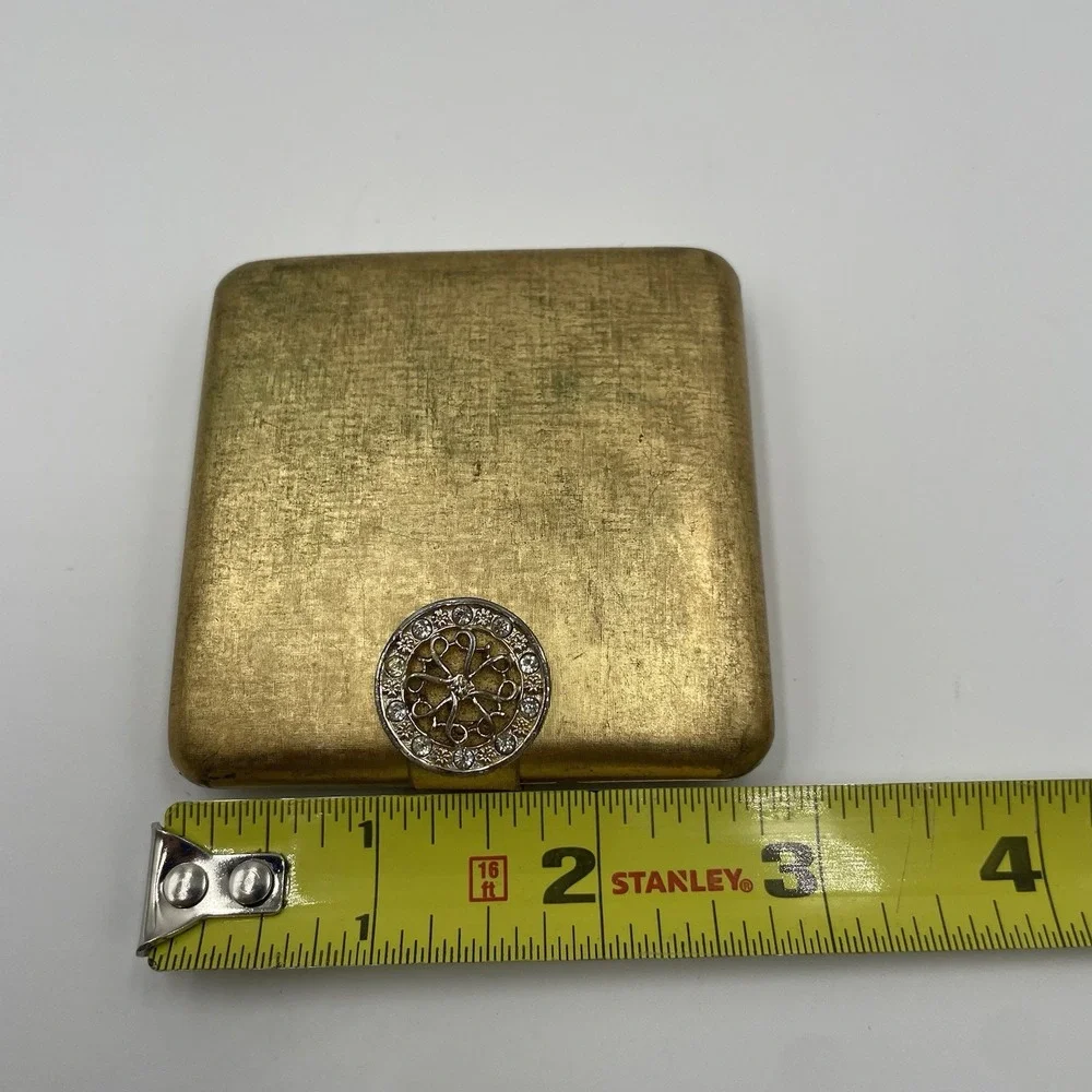 Vintage Gold Tone Metal Rhinestone Clasp Mirror Powder Compact Box Avon Imperial